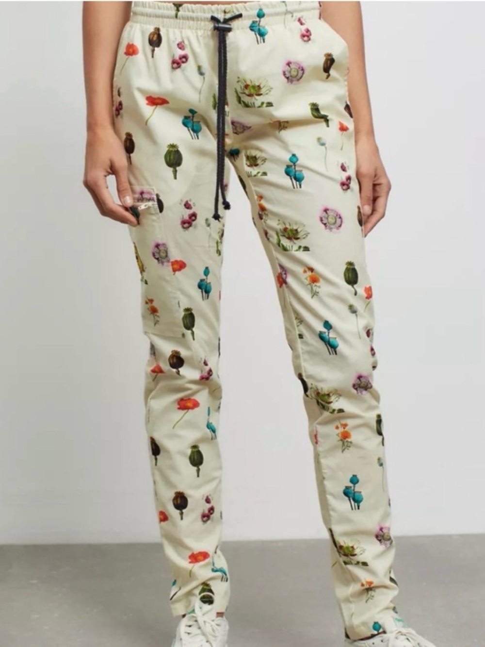 Skidz Zip Stash Floral Pants Large Cream Quirky Kitschy Spring Retro Whimsy Boho